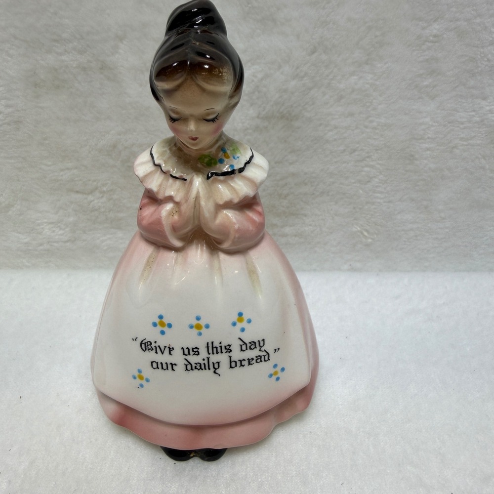 VTG Enesco Ceramic Prayer Lady Shaker Give Us This Day Our Daily Bread Pink